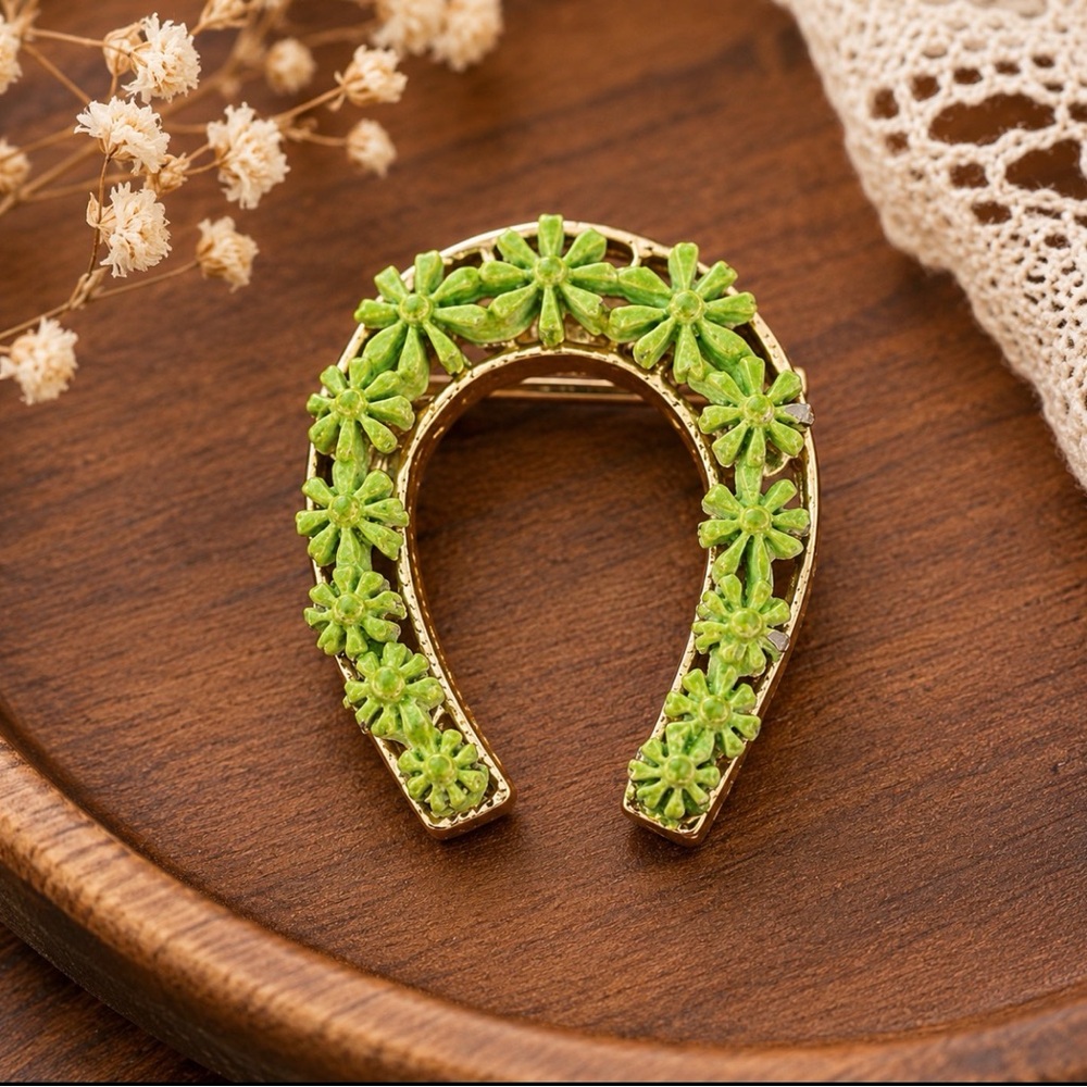 Vintage Lucky Horseshoe Brooch Green Flower Gold Tone Pin